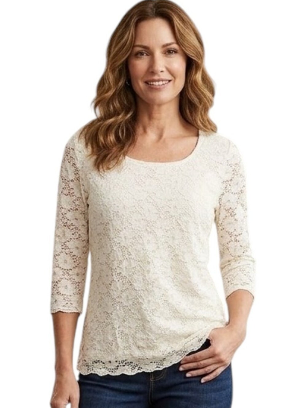 Jennie & Marlis Cream Lace Top Blouse Medium Petite 3/4 Sleeve Lined Boho